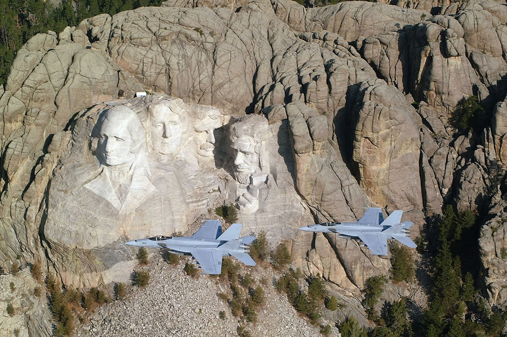 Two-Hornets-flying-by-Mount-Rushmore