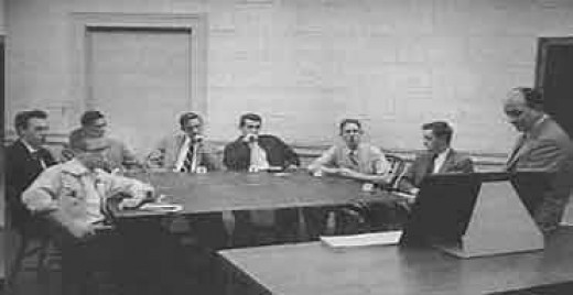 An example of Asch’s experimental procedure in 1955. There are six confederates and one real participant (second to last person sitting to the right of the table).